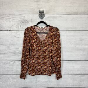 Gimmicks Women's Gold Purple Floral Fall Long Sleeve Blouse Size Small